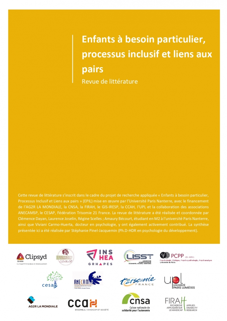 Couverture de la revue de litt&eacute;rature Enfants &agrave; besoin particulier, processus inclusif et liens aux pairs, jpg