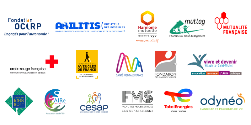 logos des amis : Fondation OCIRP, Abilitis, Harmony Mutuelle, Mutlog, Mutualit&eacute; Fran&ccedil;aise, Croix Rouge fran&ccedil;aise, F&eacute;d&eacute;ration des aveugles de France, Sant&eacute; mentale France, Amis de l'atelier, Vivre et Devenir, Fondation John Bost, AIRe, Cesap, FMS, Mission handicap Total Energies, Odyn&eacute;o